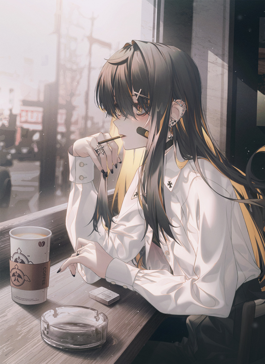1girl, 2no_(pixiv75196219), arm_on_table, ashtray, bandaid, bandaid_on_face, black_hair, black_nails