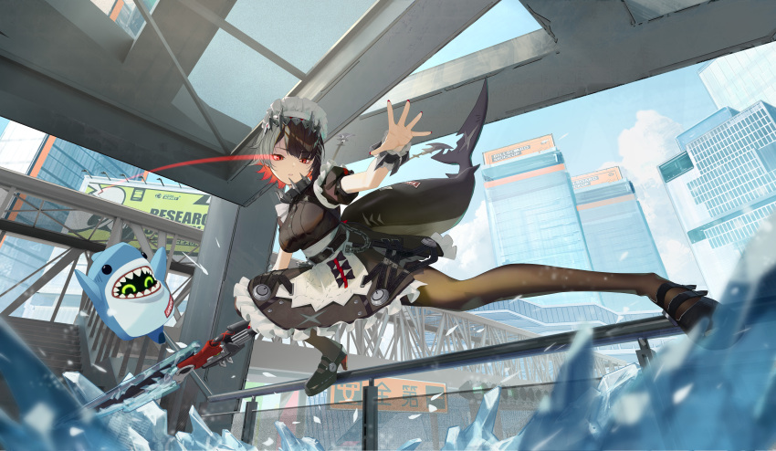 1girl, absurdres, black_dress, black_footwear, black_hair, black_pantyhose, blue_sky, blurry, breasts, building, chinese_commentary, clouds, colored_inner_hair, commentary_request, depth_of_field, dress, ellen_joe, fins, fish_tail, highres, holding, holding_weapon, ice, large_breasts, maid_headdress, mile_miluo, multicolored_hair, outdoors, pantyhose, parted_lips, red_eyes, redhead, shark_tail, short_hair, sky, sliding, solo, tail, weapon, zenless_zone_zero
