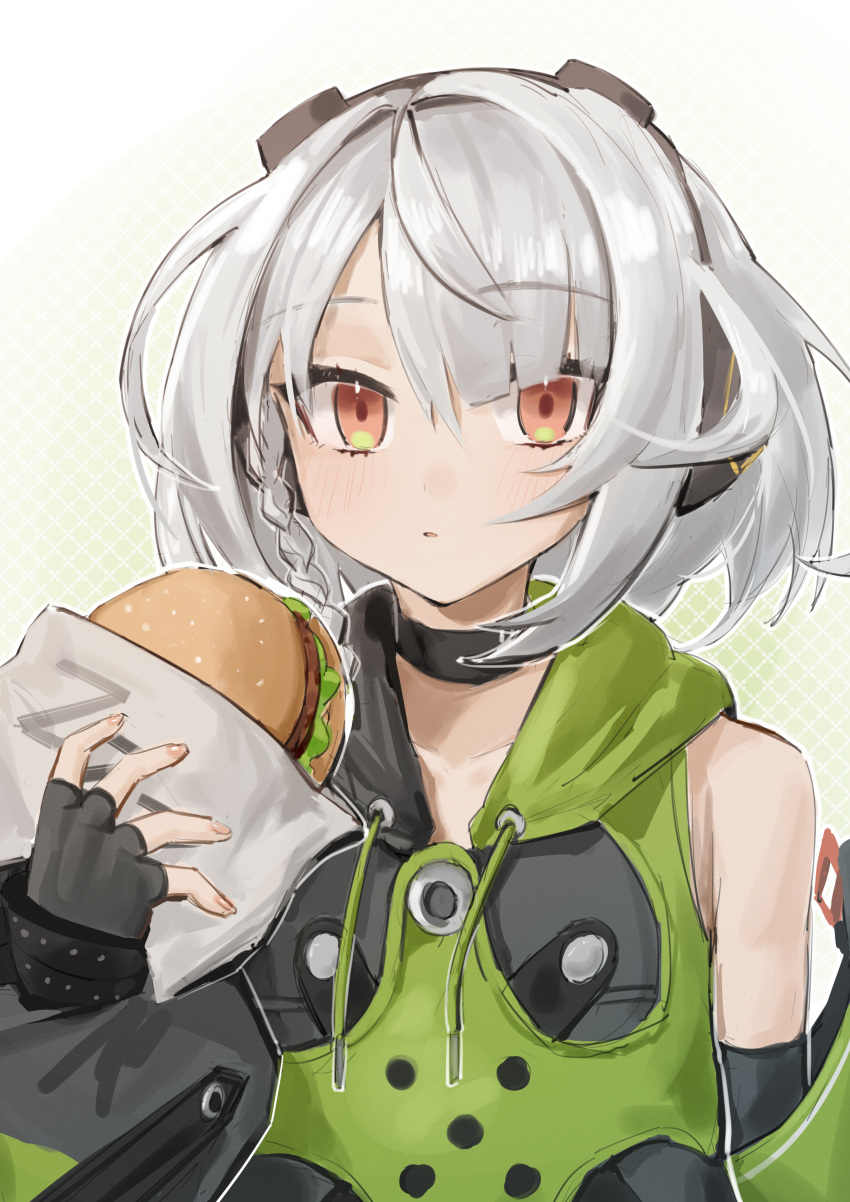 1girl, absurdres, anby_demara, black_gloves, blush, brown_eyes, burger, dodo_(yatotoyatoto)