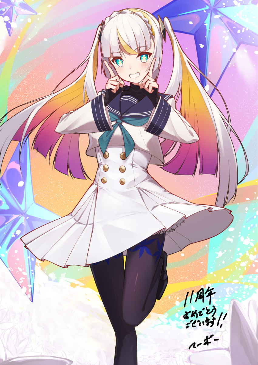 1girl, absurdres, aqua_eyes, blonde_hair, breasts, colored_inner_hair, highres, index_fingers_raised