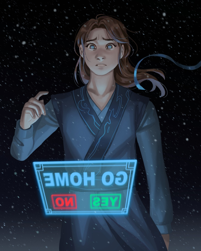 1boy, black_background, blue_hanfu, blue_light, blue_ribbon, brown_eyes, brown_hair, chinese_clothes