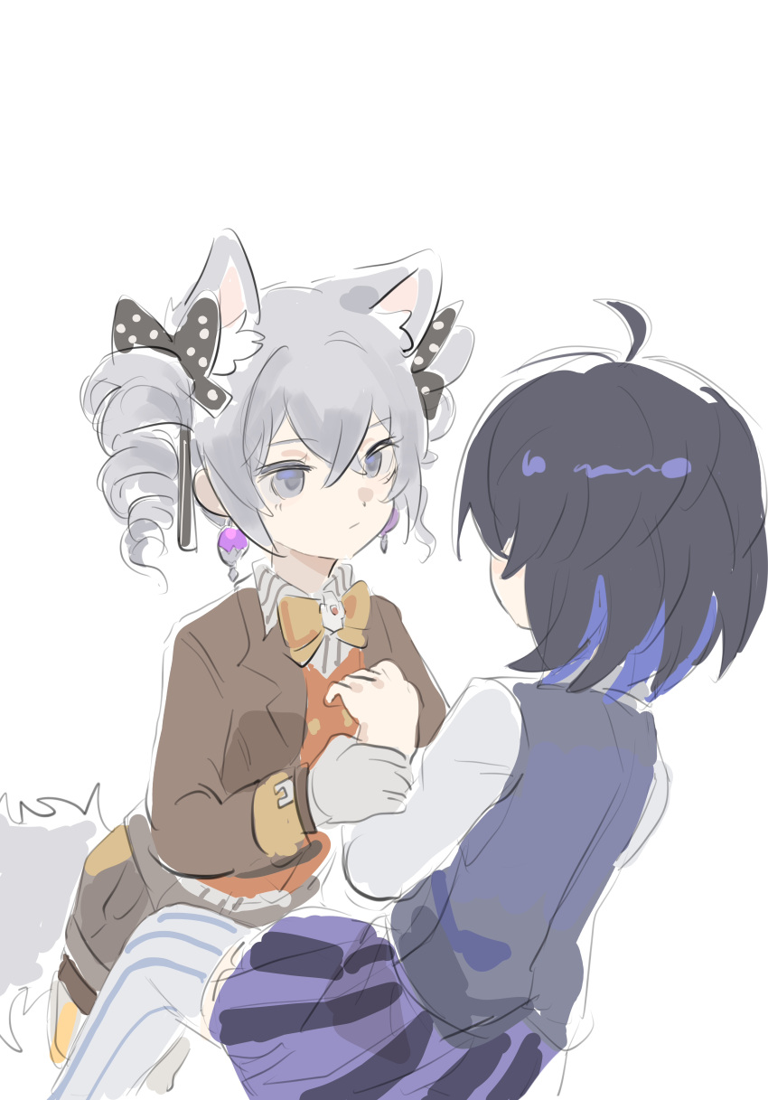 2girls, absurdres, ahoge, animal_ear_fluff, animal_ears, animal_hands, belt, belt_buckle