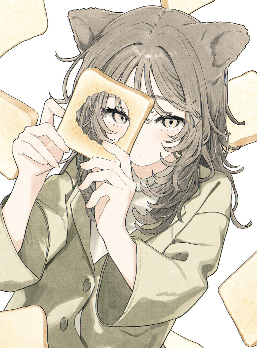 1girl, animal_ears, blush, bread, bread_slice, brown_eyes, brown_hair, brown_jacket