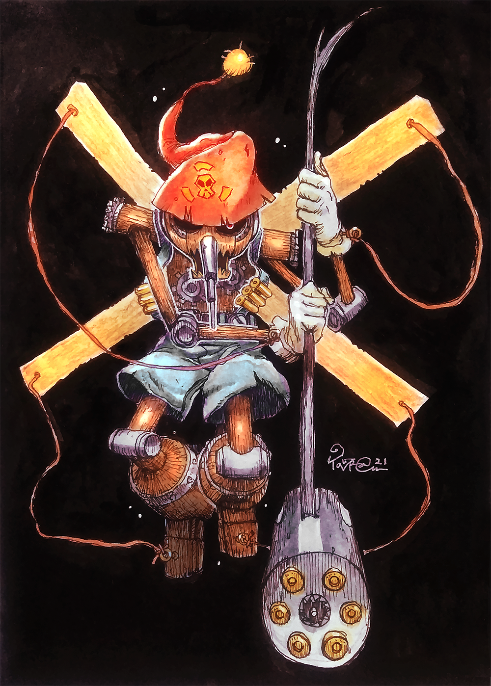 1boy, 2021, blue_overalls, control_bar, dark_background, digimon, digimon_(creature), doll_joints