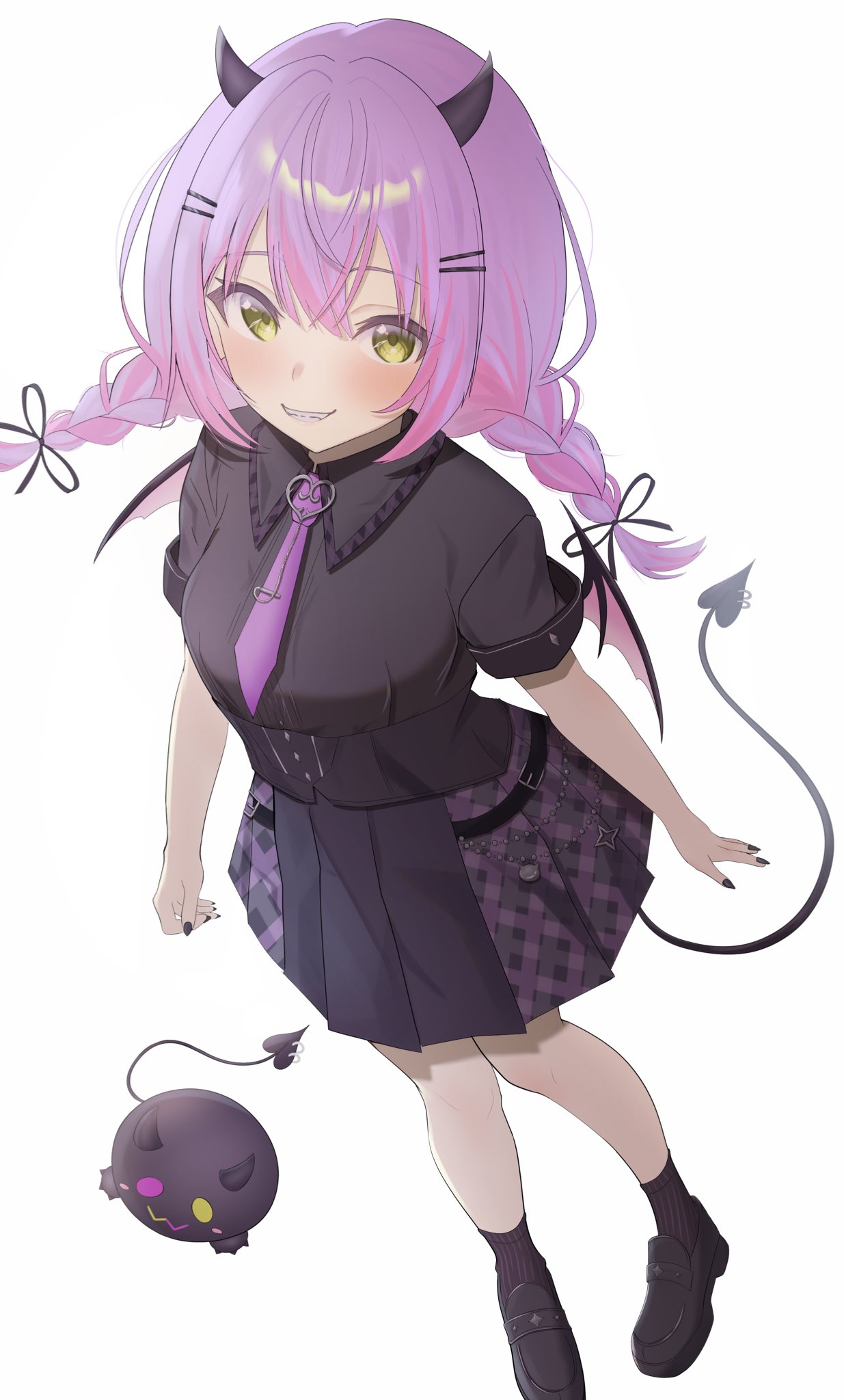 1girl, arm_at_side, bibi_(tokoyami_towa), black_corset, black_footwear, black_horns, black_nails, black_shirt