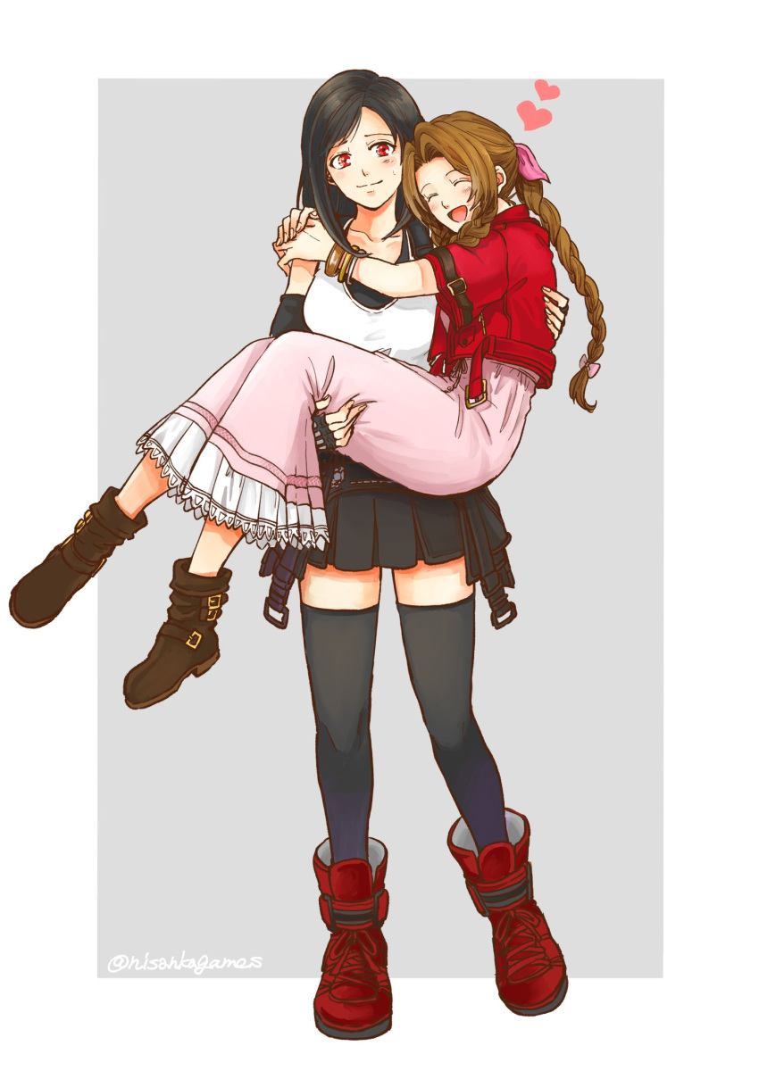 2girls, aerith_gainsborough, bangle, black_gloves, black_hair, black_skirt, black_thighhighs, blush, boots, bracelet, braid, braided_ponytail, brown_footwear, brown_hair, carrying, closed_eyes, closed_mouth, commentary_request, dress, drill_hair, drill_sidelocks, elbow_gloves, final_fantasy, final_fantasy_vii, final_fantasy_vii_rebirth, final_fantasy_vii_remake, fingerless_gloves, full_body, gloves, grey_background, hair_ribbon, hand_on_another's_shoulder, heart, highres, jacket, jewelry, long_hair, miniskirt, multiple_girls, nisankagames, open_mouth, outside_border, parted_bangs, pink_dress, pink_ribbon, princess_carry, red_eyes, red_footwear, red_jacket, ribbon, sidelocks, skirt, smile, standing, sweatdrop, swept_bangs, tank_top, thigh-highs, tifa_lockhart, twitter_username, white_tank_top