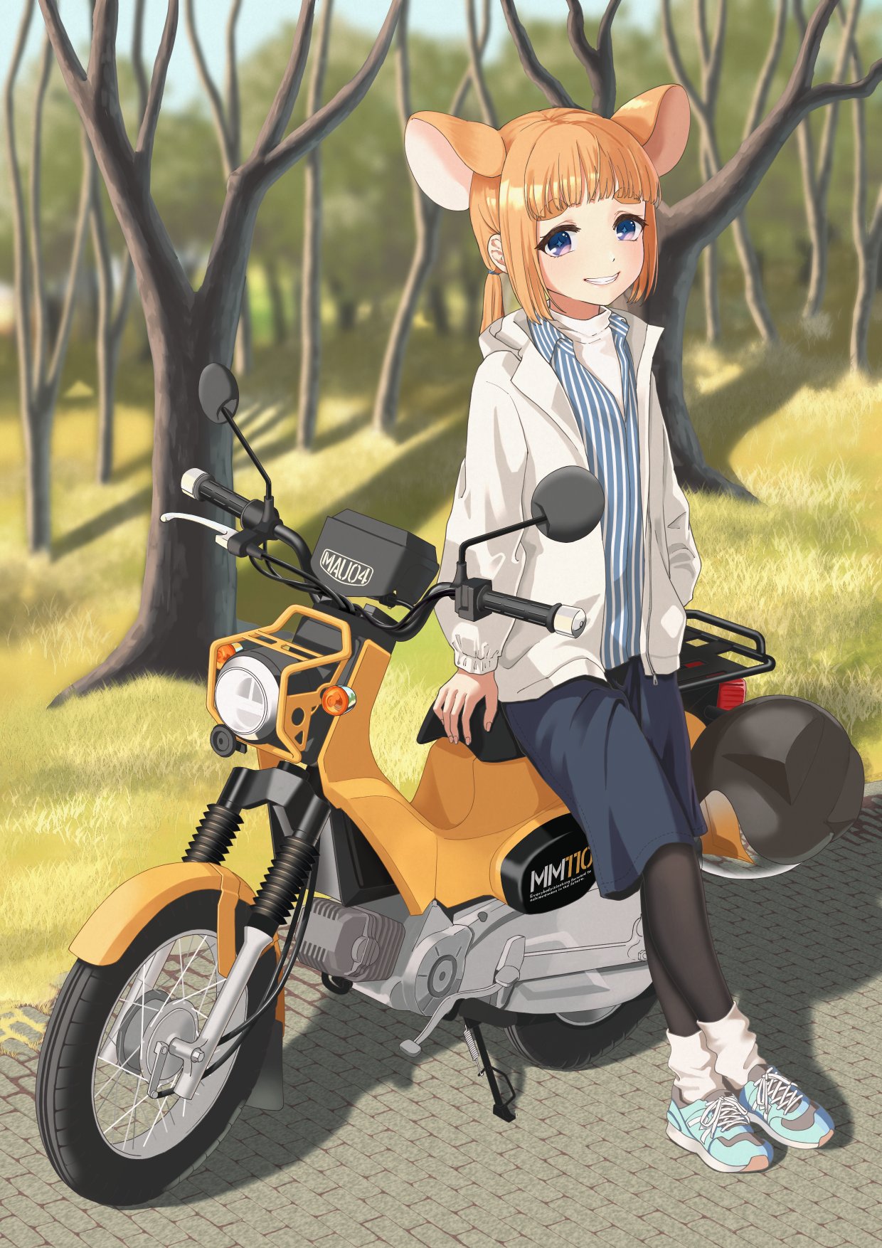 1girl, alternate_hairstyle, animal_ear_headwear, animal_ears, bare_tree, black_pantyhose, blue_eyes, blue_footwear