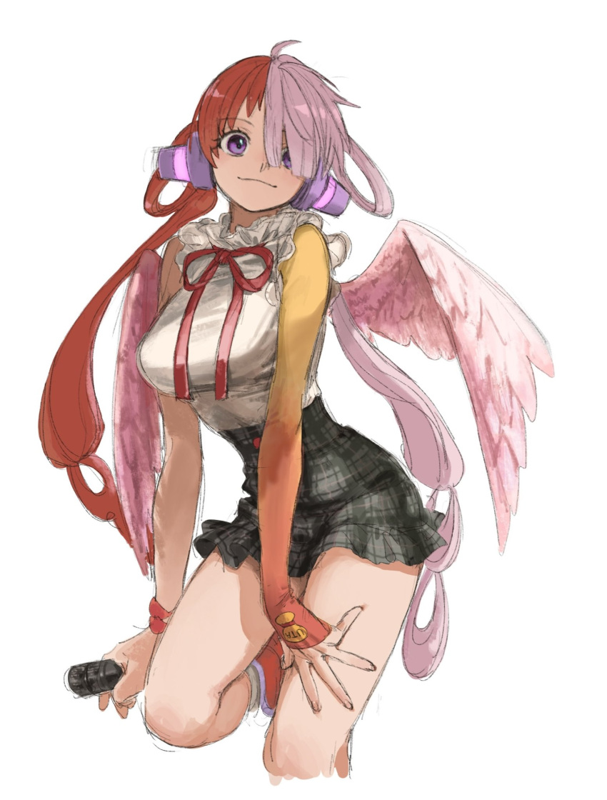 1girl, bare_shoulders, breasts, cowboy_shot, feathered_wings, frilled_sleeves, frills, high-waist_skirt