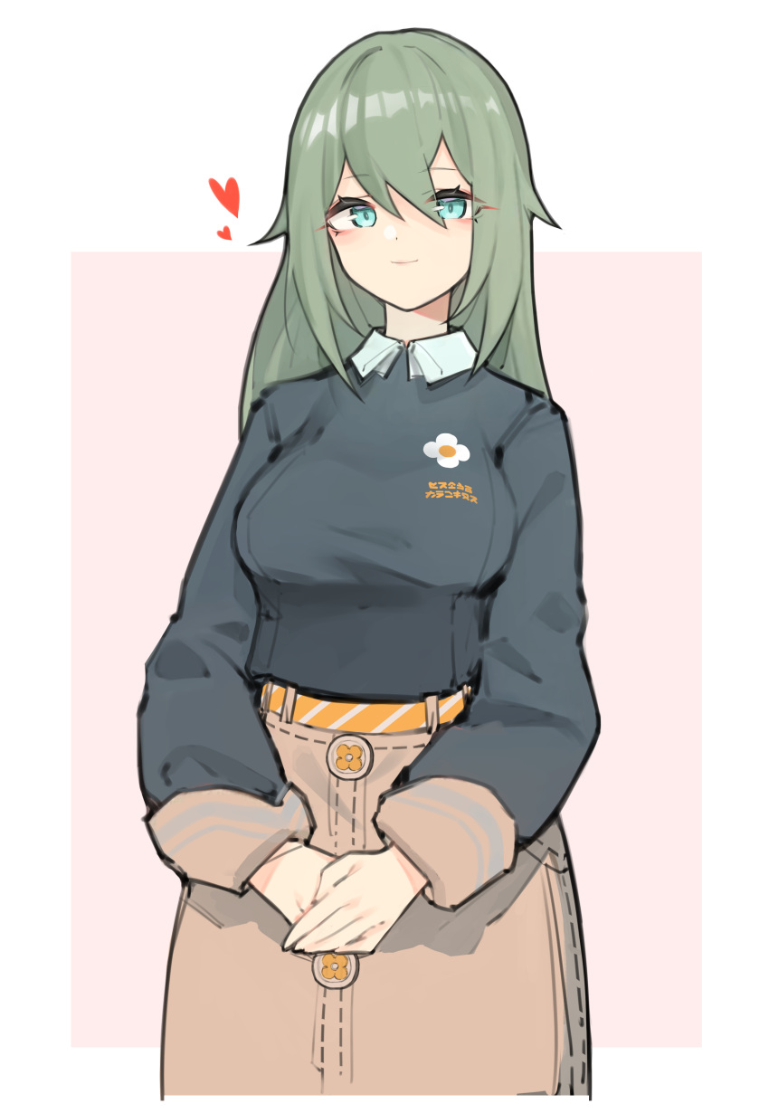 1girl, absurdres, black_shirt, blue_eyes, breasts, brown_skirt, closed_mouth, error1980, green_hair, hair_between_eyes, heart, highres, long_hair, long_sleeves, looking_at_viewer, medium_breasts, own_hands_together, pink_background, shirt, skirt, smile, solo, two-tone_background, venus_(zenless_zone_zero), white_background, zenless_zone_zero