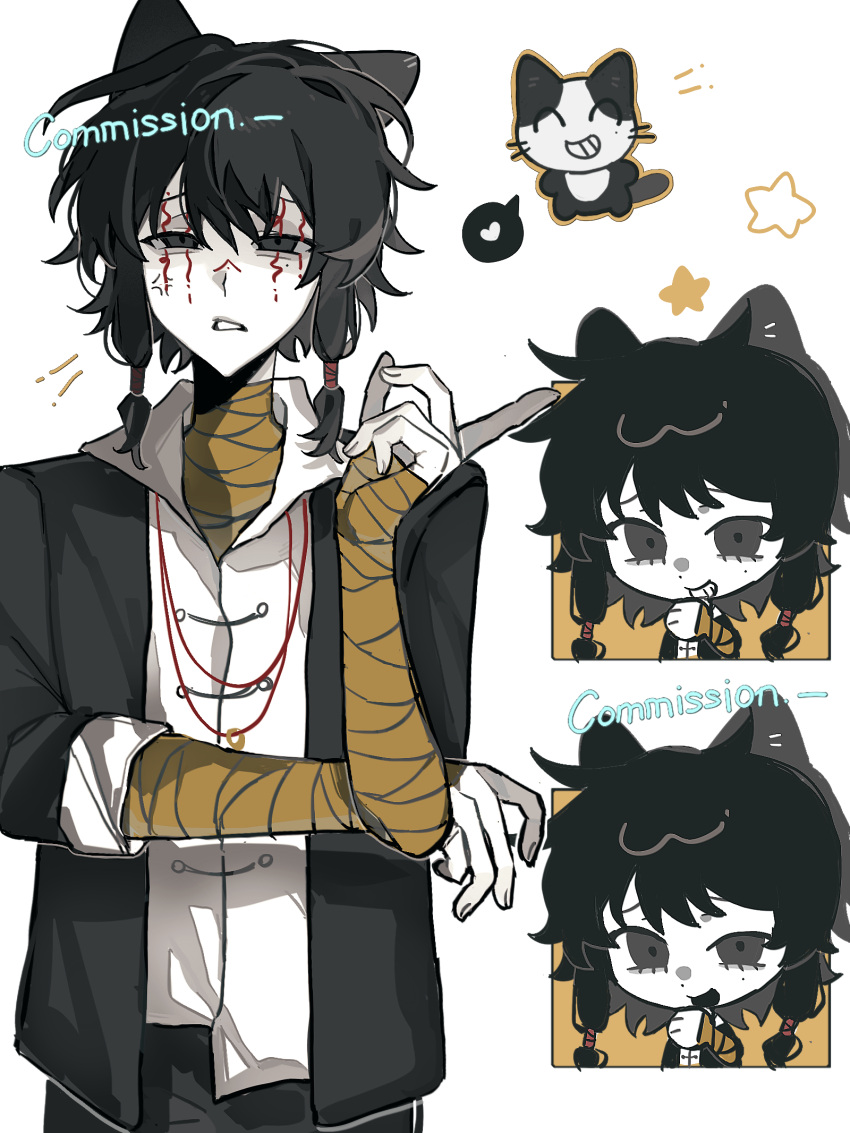 1boy, animal_ears, animalization, bandaged_arm, bandaged_neck, bandages, black_eyes, black_hair
