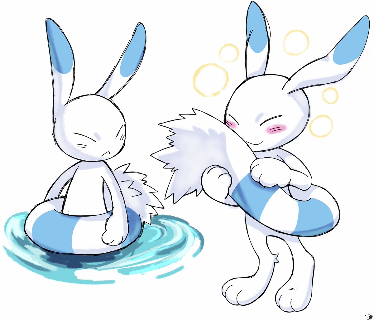 anaquariusart, animal_ears, blue_fur, blush, closed_mouth, facial_mark, frown, full_body, furry, pokemon, pokemon_(creature), rabbit_ears, smile, solo, standing, tail, two-tone_fur, wallabit_(pokemon), water, whisker_markings, white_fur