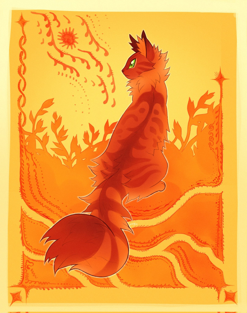 animal, animal_focus, border, cat, commentary, corrupted_twitter_file, fluffy, from_behind, full_body, green_eyes, highres, kitty_(fernwhisker), no_humans, orange_cat, orange_fur, orange_theme, sitting, solo, squirrelstar, tail, warrior_cats, yellow_background, yellow_border