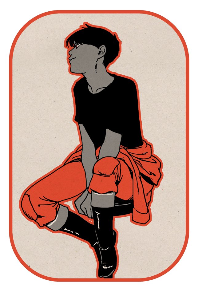 1boy, akira_(manga), arms_between_legs, black_footwear, black_hair, black_shirt, boots, border