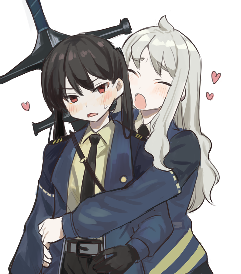 2girls, black_gloves, black_necktie, black_pants, blue_coat, blush, coat, collared_shirt