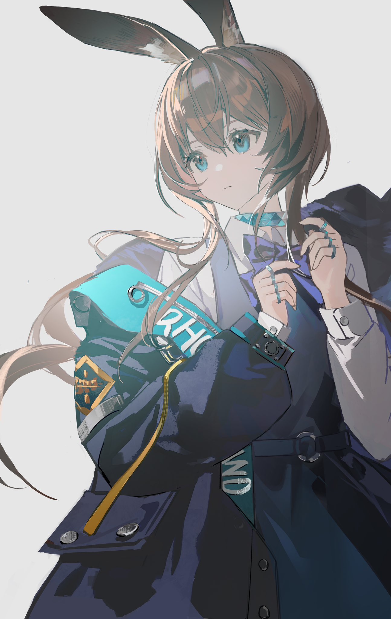 1girl, amiya_(arknights), animal_ears, arknights, bloom, blue_bow, blue_bowtie, blue_choker