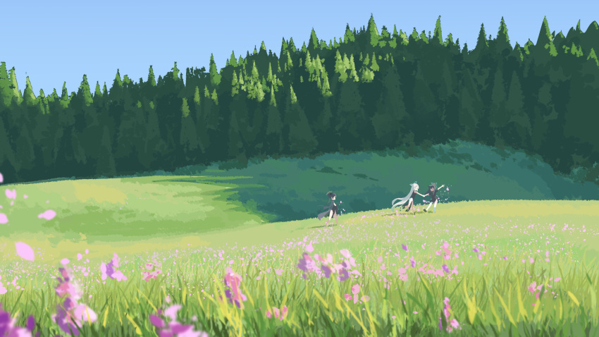 3girls, animal_ears, biluoyao, black_dress, black_footwear, black_hair, black_socks, blue_archive, blue_sky, blurry, butterfly_hair_ornament, china_dress, chinese_clothes, closed_eyes, day, depth_of_field, dress, field, flower, flower_field, forest, grass, grey_jacket, hair_bun, hair_ornament, halo, hand_up, highres, holding_hands, jacket, kisaki_(blue_archive), kokona_(blue_archive), long_hair, multiple_girls, nature, open_mouth, outdoors, outstretched_arm, pine_tree, purple_flower, red_eyes, scenery, shoes, short_sleeves, shun_(blue_archive), shun_(small)_(blue_archive), siblings, sisters, sky, sleeveless, sleeveless_dress, smile, socks, standing, thigh-highs, tree, very_long_hair, very_wide_shot, walking, white_footwear, white_hair, white_thighhighs