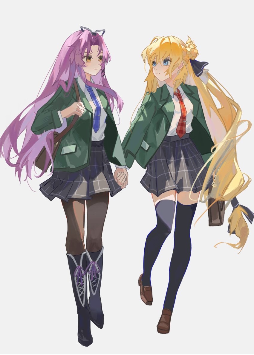 2girls, absurdres, agnes_claudel, aramis_high_school_uniform, bag, black_ribbon, black_skirt, black_thighhighs, blue_necktie, boots, brown_bag, bun_with_braided_base, closed_mouth, collared_shirt, commentary_request, cross-laced_footwear, eiyuu_densetsu, eye_contact, green_jacket, hair_between_eyes, hair_bun, hair_ribbon, handbag, highres, holding, holding_bag, holding_hands, jacket, kuro_no_kiseki_(series), kuro_no_kiseki_ii, long_hair, looking_at_another, multiple_girls, necktie, open_clothes, open_jacket, pantyhose, plaid_clothes, plaid_skirt, purple_hair, renne_(eiyuu_densetsu), ribbon, school_uniform, shirt, shoulder_bag, simple_background, single_hair_bun, skirt, smile, thigh-highs, white_background, white_shirt, yazawa_yuki, yellow_eyes
