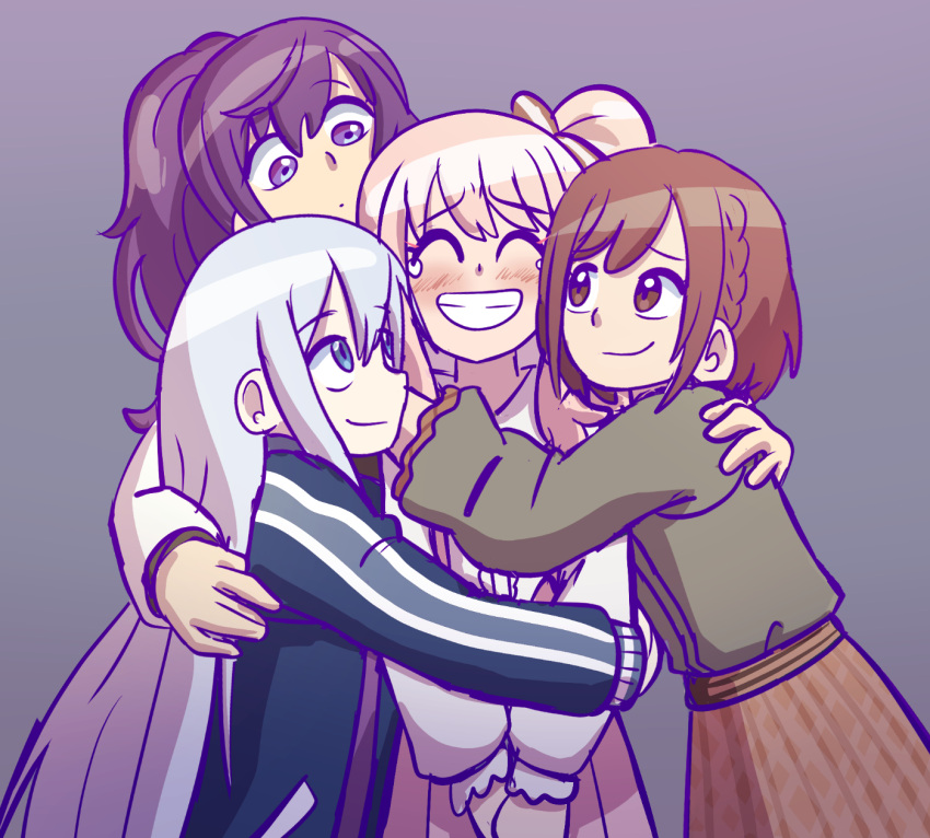 1other, 25-ji_nightcord_de._(project_sekai), 3girls, akiyama_mizuki, asahina_mafuyu, blue_eyes, blue_jacket, brown_eyes, brown_hair, closed_eyes, dress, eggtempest, grey_hair, group_hug, highres, hug, jacket, long_hair, looking_at_another, multiple_girls, project_sekai, purple_hair, shinonome_ena, smile, violet_eyes, yoisaki_kanade