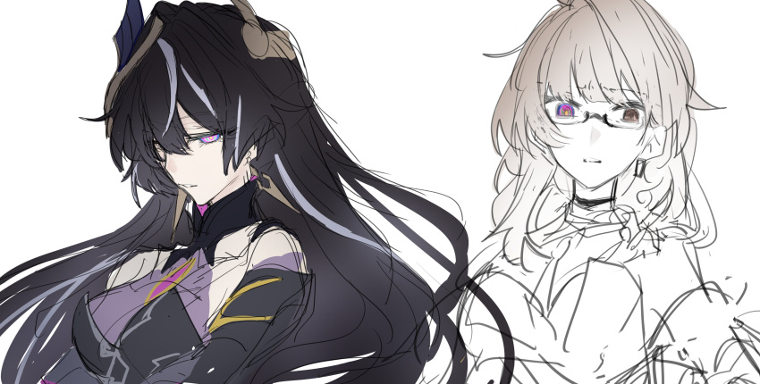1girl, absurdres, black_dress, breasts, brown_eyes, brown_hair, dress, dual_persona