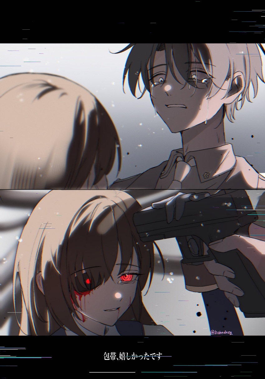 1boy, 1girl, absurdres, blood, brown_hair, chikyuu_(bohednsg), commander_(nikke), crying, goddess_of_victory:_nikke, grey_eyes, gun, handgun, highres, holding, holding_gun, holding_weapon, marian_(nikke), official_alternate_eye_color, red_eyes, signature, translation_request, twitter_username, weapon