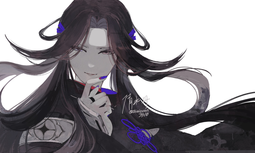 1boy, black_hair, black_robe, floating_hair, hand_up, highres, long_hair, looking_at_viewer