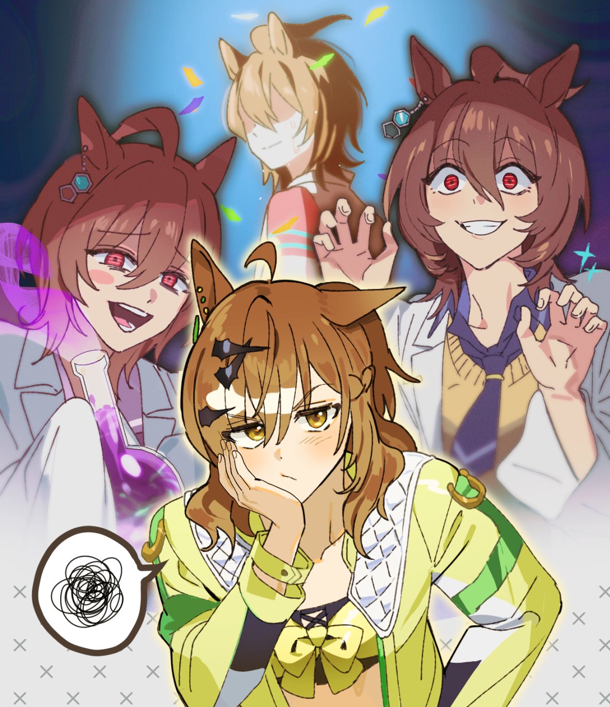 2girls, agnes_tachyon_(umamusume), ahoge, animal_ears, bandeau, blush_stickers, brown_hair, closed_mouth