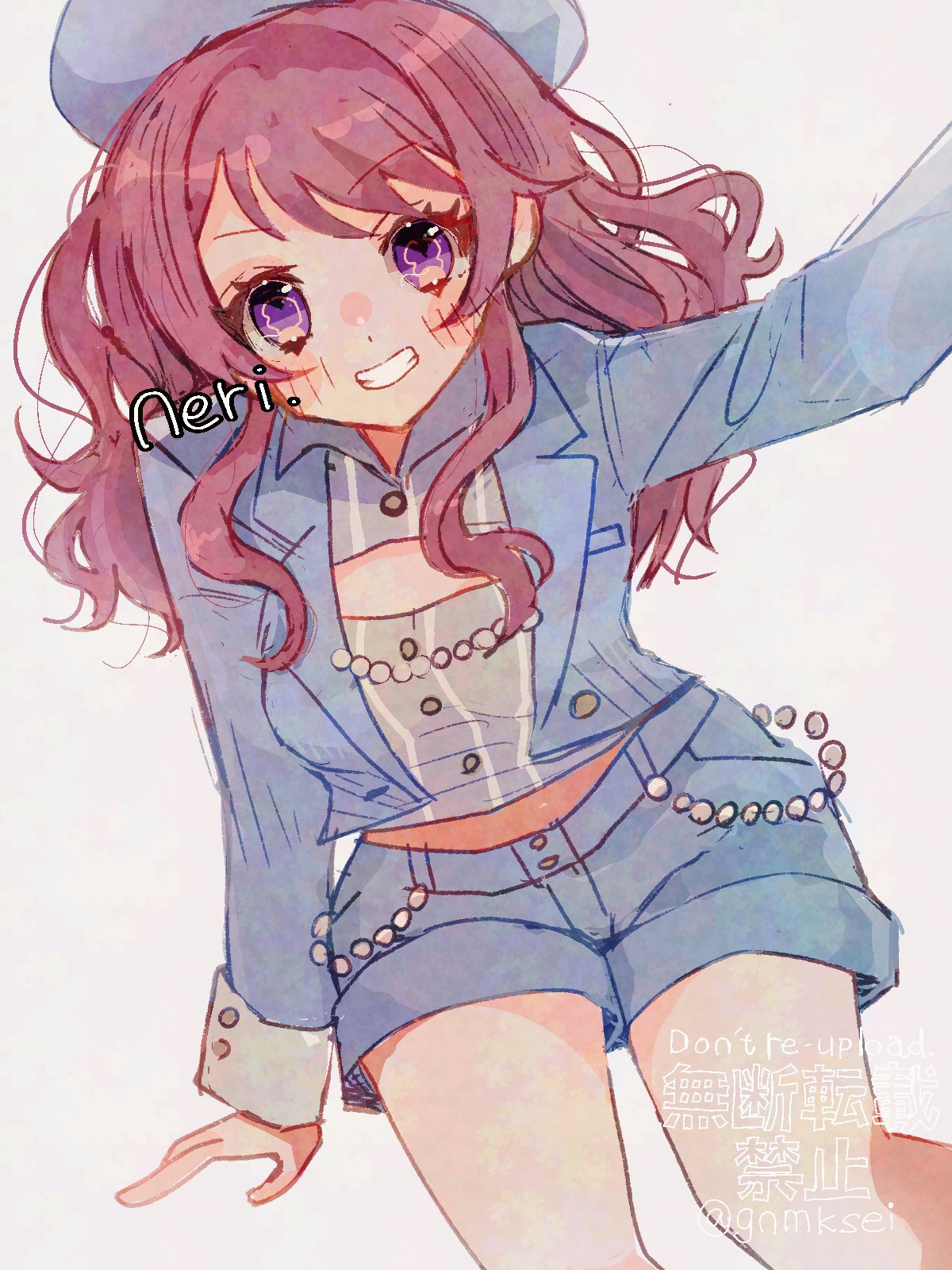 1girl, blue_hat, blue_jacket, blue_shorts, blush, commentary_request, cropped_jacket, dot_nose, eyelashes, gakuen_idolmaster, han_(hn-khk), hanami_saki, hat, highres, idolmaster, invisible_chair, jacket, long_hair, looking_at_viewer, open_clothes, open_jacket, redhead, shorts, simple_background, sitting, smile, solo, teeth, violet_eyes, white_background