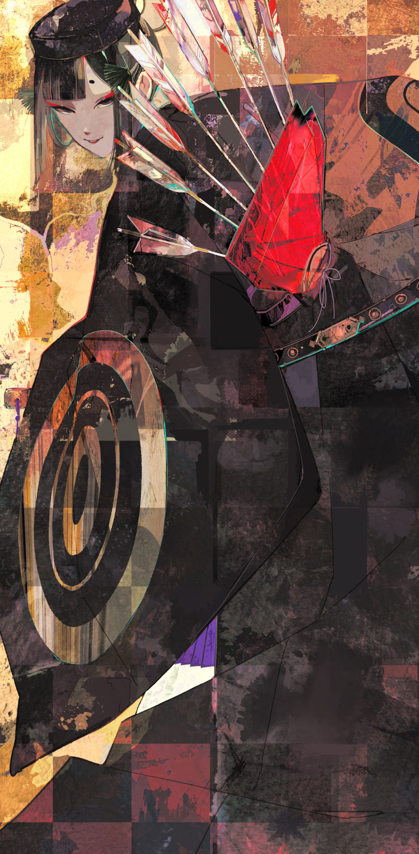 1other, absurdres, androgynous, arrow_(projectile), black_eyes, black_hair, black_robe, blunt_bangs