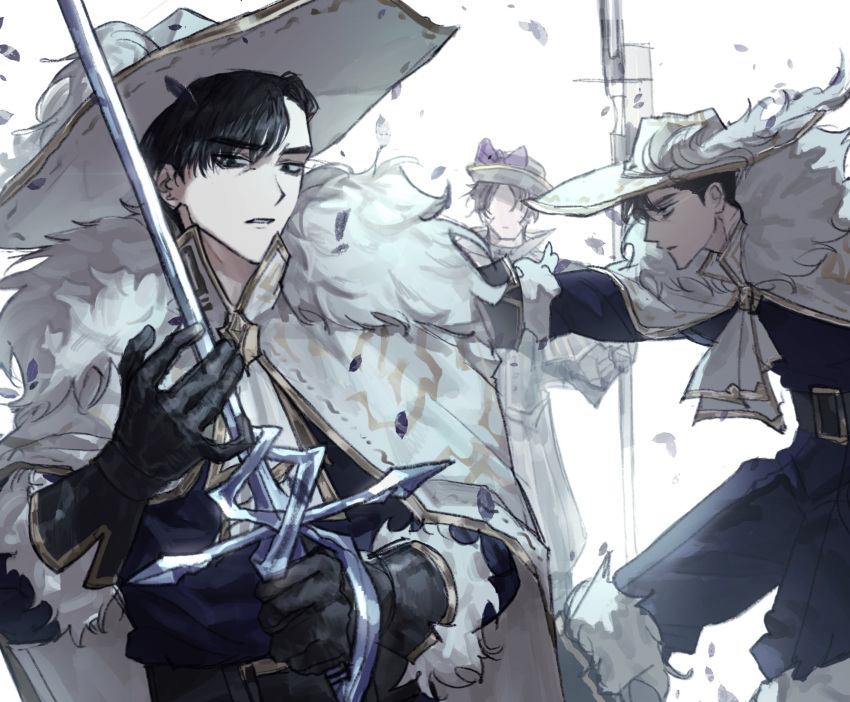 2boys, ascot, belt, black_gloves, black_hair, blue_pants, blue_shirt, boots, bow, brown_hair, cape, cavalier_hat, chanil_(muexlku), cinq_association_(identity)_(project_moon), commentary_request, faceless, faceless_male, fur-trimmed_boots, fur-trimmed_cape, fur-trimmed_gloves, fur_trim, gloves, gold_trim, green_eyes, hat, hat_bow, heathcliff_(project_moon), highres, holding, holding_sword, holding_weapon, knee_boots, korean_commentary, limbus_company, long_sleeves, male_focus, meursault_(project_moon), multiple_boys, multiple_views, oufi_association_(identity)_(project_moon), pants, plume, polearm, project_moon, purple_bow, rapier, shirt, short_hair, sword, very_short_hair, weapon, white_ascot, white_background, white_cape