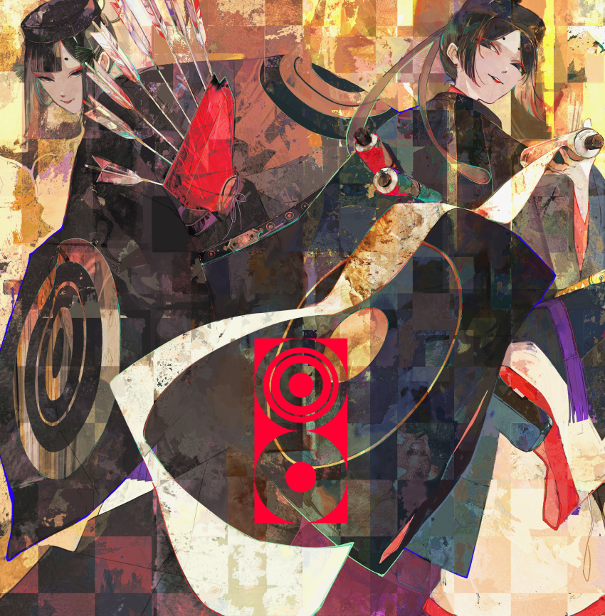 2others, absurdres, androgynous, arrow_(projectile), bell-bottoms, black_eyes, black_hair, black_robe, blunt_bangs, foot_out_of_frame, from_behind, hat, highres, hikimayu, holding, holding_scroll, japanese_clothes, long_hair, long_sleeves, looking_at_viewer, looking_back, multiple_others, original, pants, parted_hair, parted_lips, robe, scroll, shimizu_en_(shimizuen3310), smile, sokutai, white_pants, wide_sleeves
