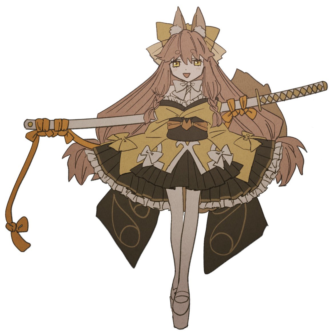 1girl, animal_ears, fate/samurai_remnant, fate_(series), fox_ears, fox_tail, full_body, japanese_clothes