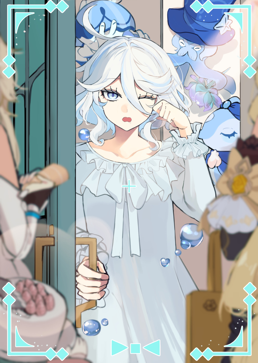 3girls, 3others, absurdres, ahoge, alternate_costume, blue_eyes, blue_hair, blurry, blurry_foreground, bubble, commentary_request, cowboy_shot, drop-shaped_pupils, eyelashes, furina_(genshin_impact), genshin_impact, gentilhomme_usher, geo_symbol_(genshin_impact), hair_between_eyes, highres, hydrokinesis, ikanoashi53, long_sleeves, looking_at_viewer, lumine_(genshin_impact), mademoiselle_crabaletta, multicolored_hair, multiple_girls, multiple_others, navia_(genshin_impact), nightgown, one_eye_closed, open_door, open_mouth, rubbing_eyes, short_hair, sleepy, solo_focus, streaked_hair, surintendante_chevalmarin, symbol-shaped_pupils, viewfinder, vision_(genshin_impact), water, white_hair, white_nightgown