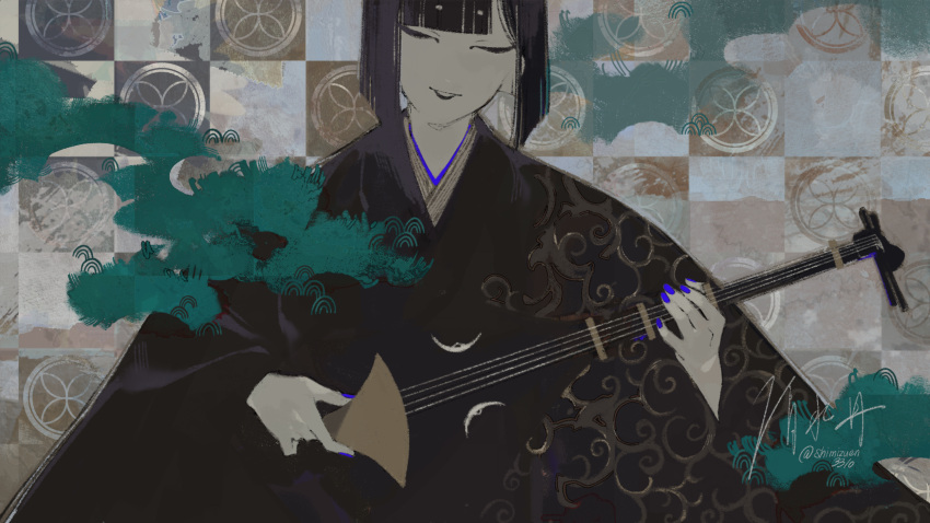 1boy, androgynous, biwa_lute, biwahoushi, black_hair, black_kimono, blue_nails, blunt_bangs
