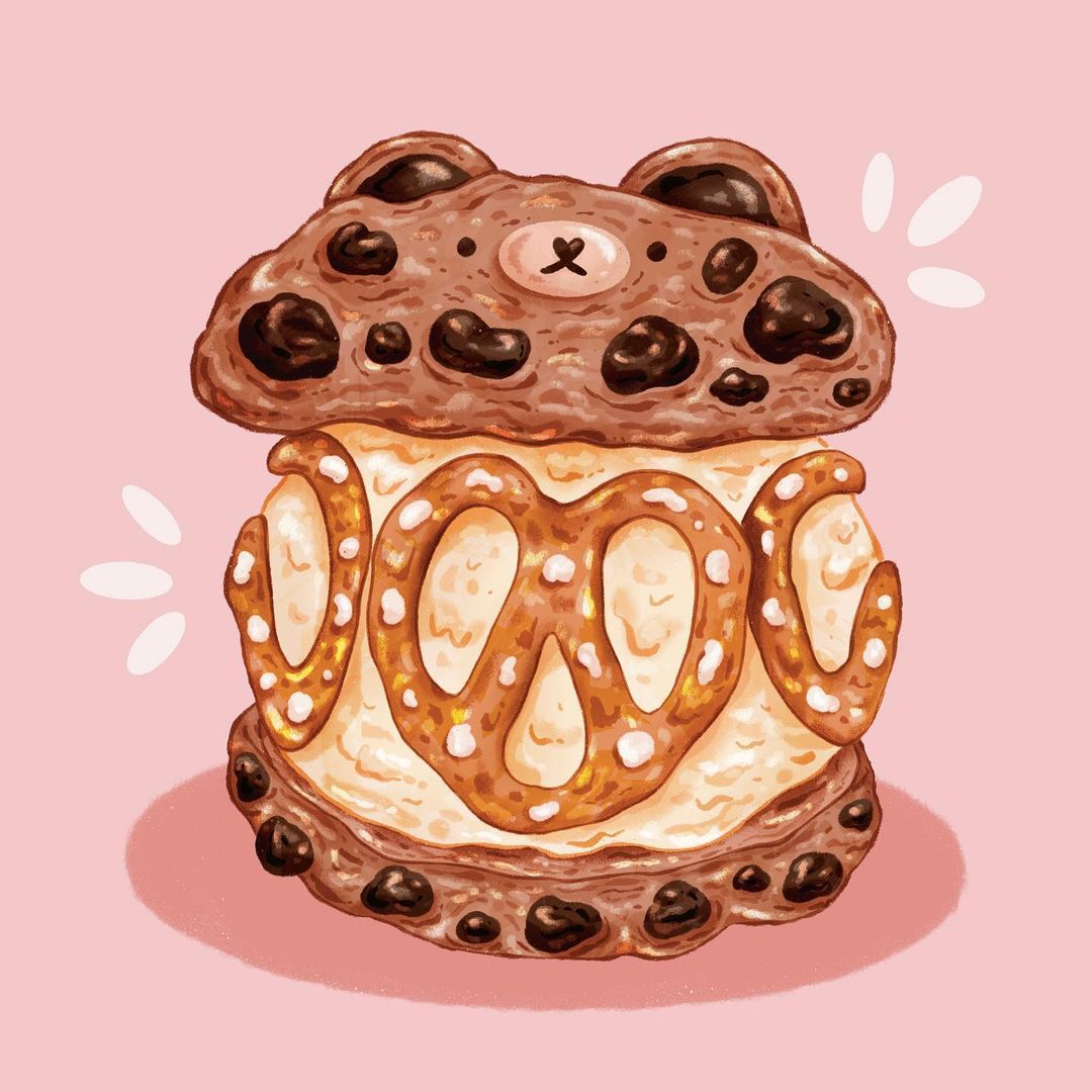 :<, abbey_and_bear, animal-themed_food, bear, black_eyes, chocolate_chip, closed_mouth, food