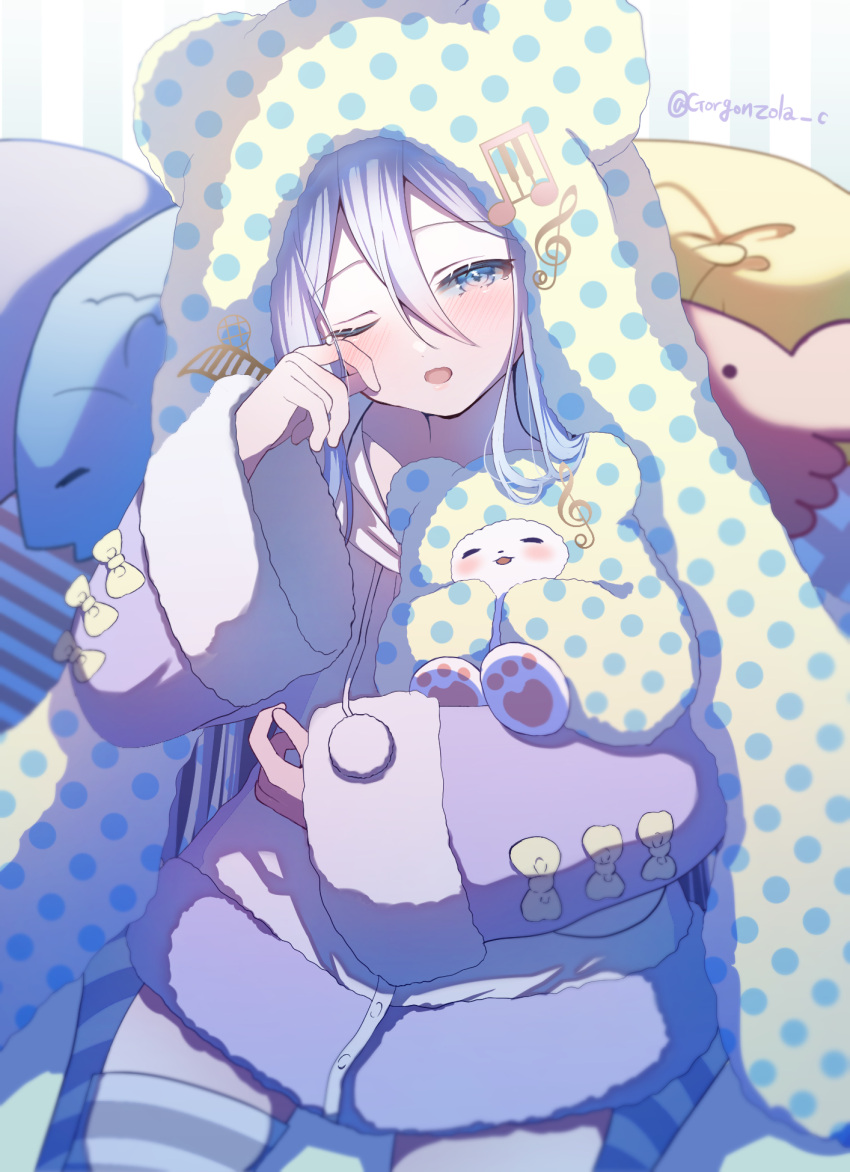 1girl, animal_ears, animal_hood, blue_eyes, blue_hair, blush, commentary, fake_animal_ears