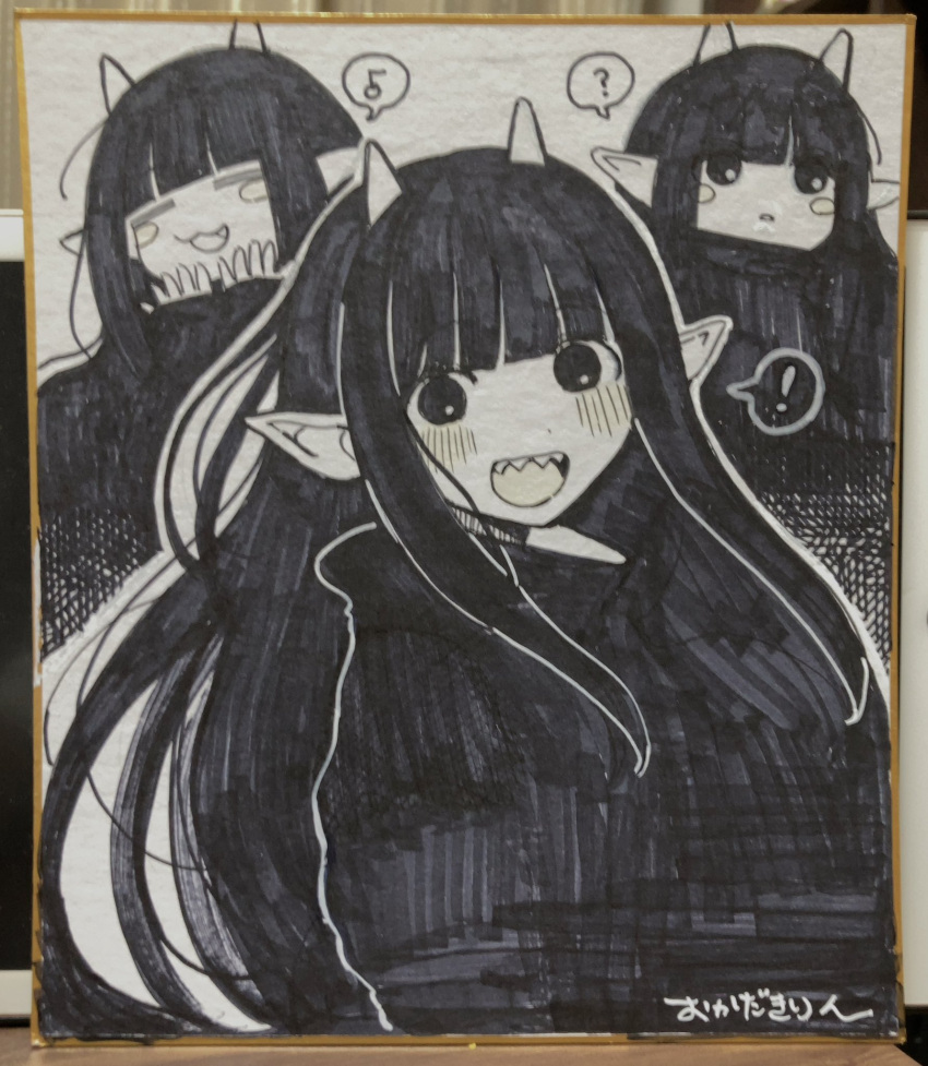 !, 1girl, :d, :o, =_=, ?, black_eyes, black_hair