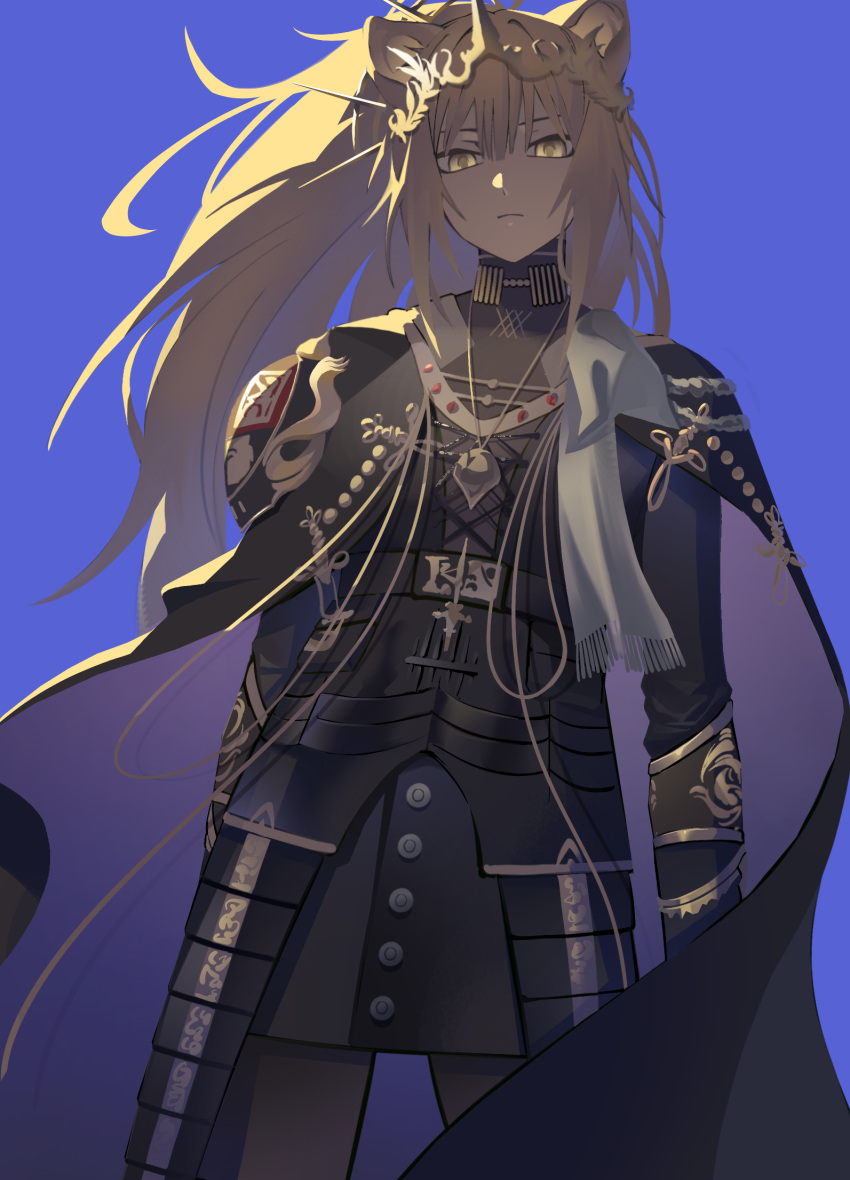 1girl, arknights, armor, black_cape, blonde_hair, blue_background, cape, closed_mouth