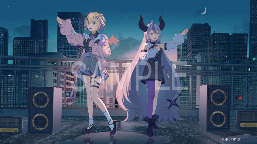 2girls, :d, absurdres, ahoge, ankle_cuffs, asymmetrical_legwear, belt, black_dress