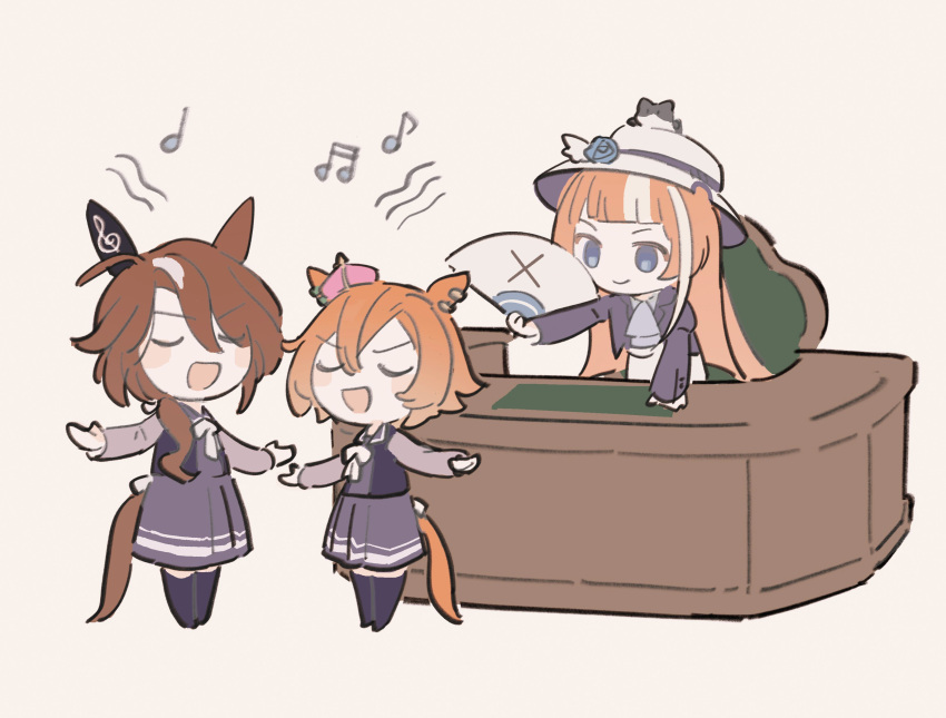 3girls, absurdres, akikawa_yayoi_(umamusume), animal_ears, ascot, beamed_eighth_notes, blue_eyes, brown_hair