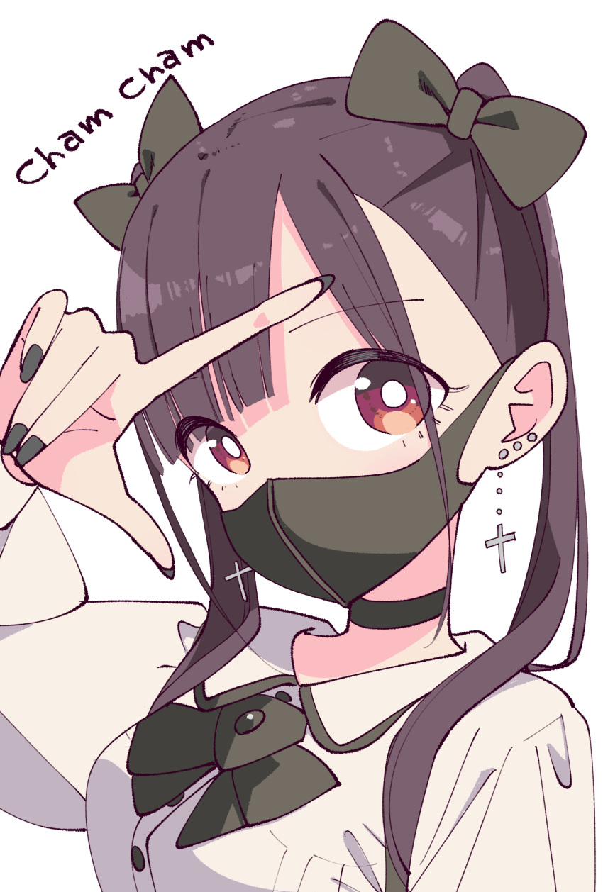 black_bow, black_bowtie, black_choker, black_nails, bow, bowtie, breasts, brown_hair, buttons, chamcham_(sutochiru), character_name, choker, cross, ear_piercing, earrings, eyelashes, fanged_bangs, floating_earring, hair_bow, highres, jewelry, jirai_kei, katsuwo_(cr66g), large_breasts, looking_at_viewer, loser_gesture, mask, mouth_mask, multiple_hair_bows, piercing, red_eyes, shirt, sutochiru, twintails, upper_body, white_background, white_shirt