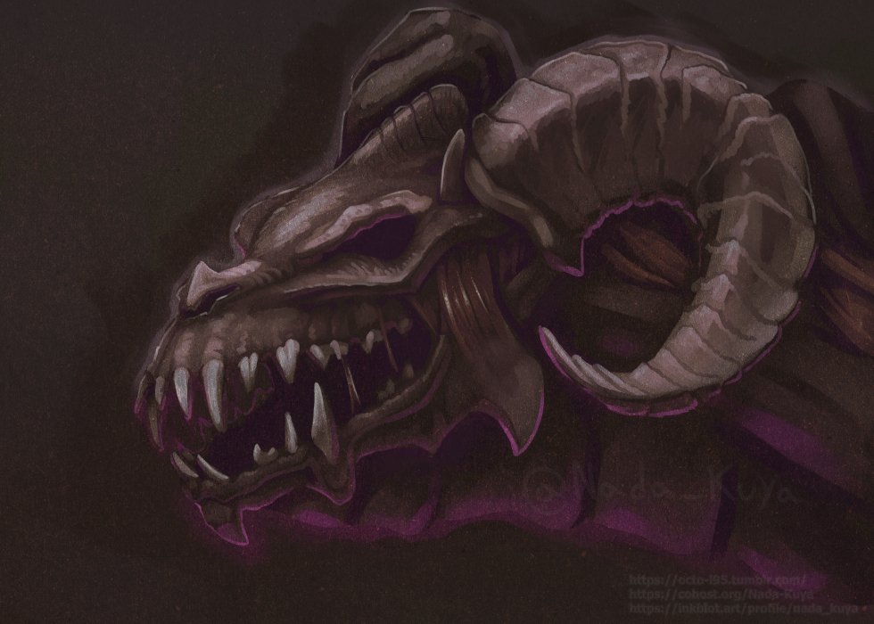 1other, bone, brown_theme, character_request, commentary, copyright_request, dragon, english_commentary, horns, monster, no_eyes, octo-l95, sharp_teeth, sheep_horns, skull, teeth, twitter_username, upper_body, web_address