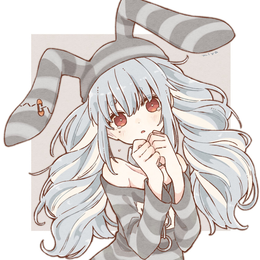 1girl, animal_ears, blue_hair, blush, chain, collar, hands_up, highres