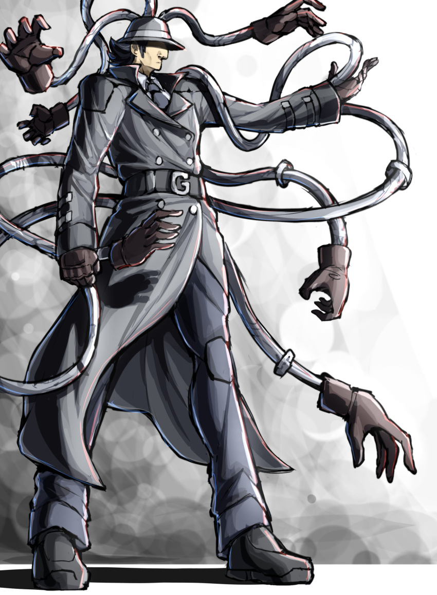 1boy, absurdres, arm_up, belt, black_background, black_belt, black_footwear, black_hair
