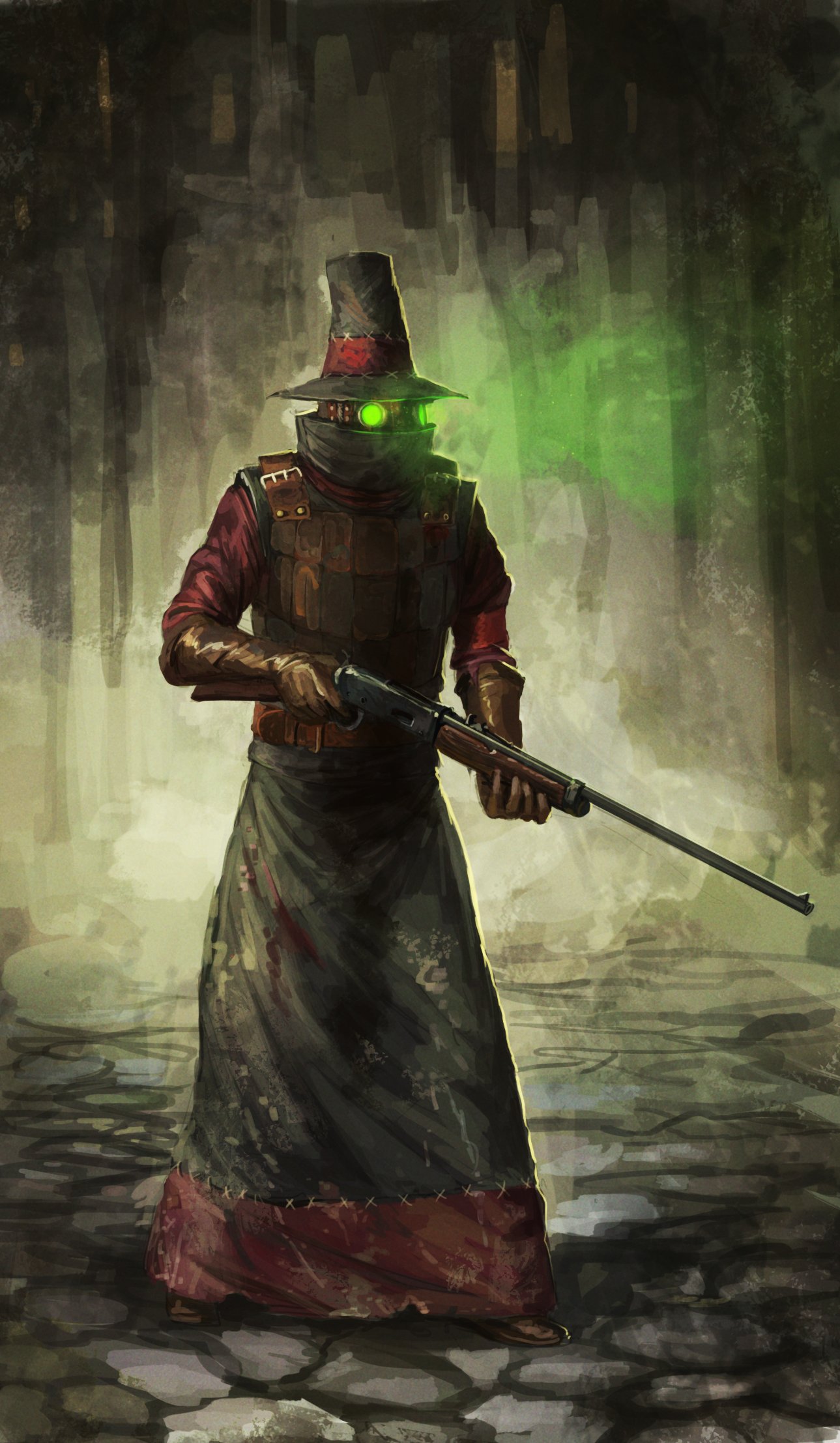 1other, clothed_robot, cobblestone, full_body, gloomwood, glowing, glowing_eyes, green_eyes, gun, hat, highres, holding, holding_gun, holding_weapon, humanoid_robot, no_humans, rifle, robot, solo, standing, stone_floor, weapon, whaleoil