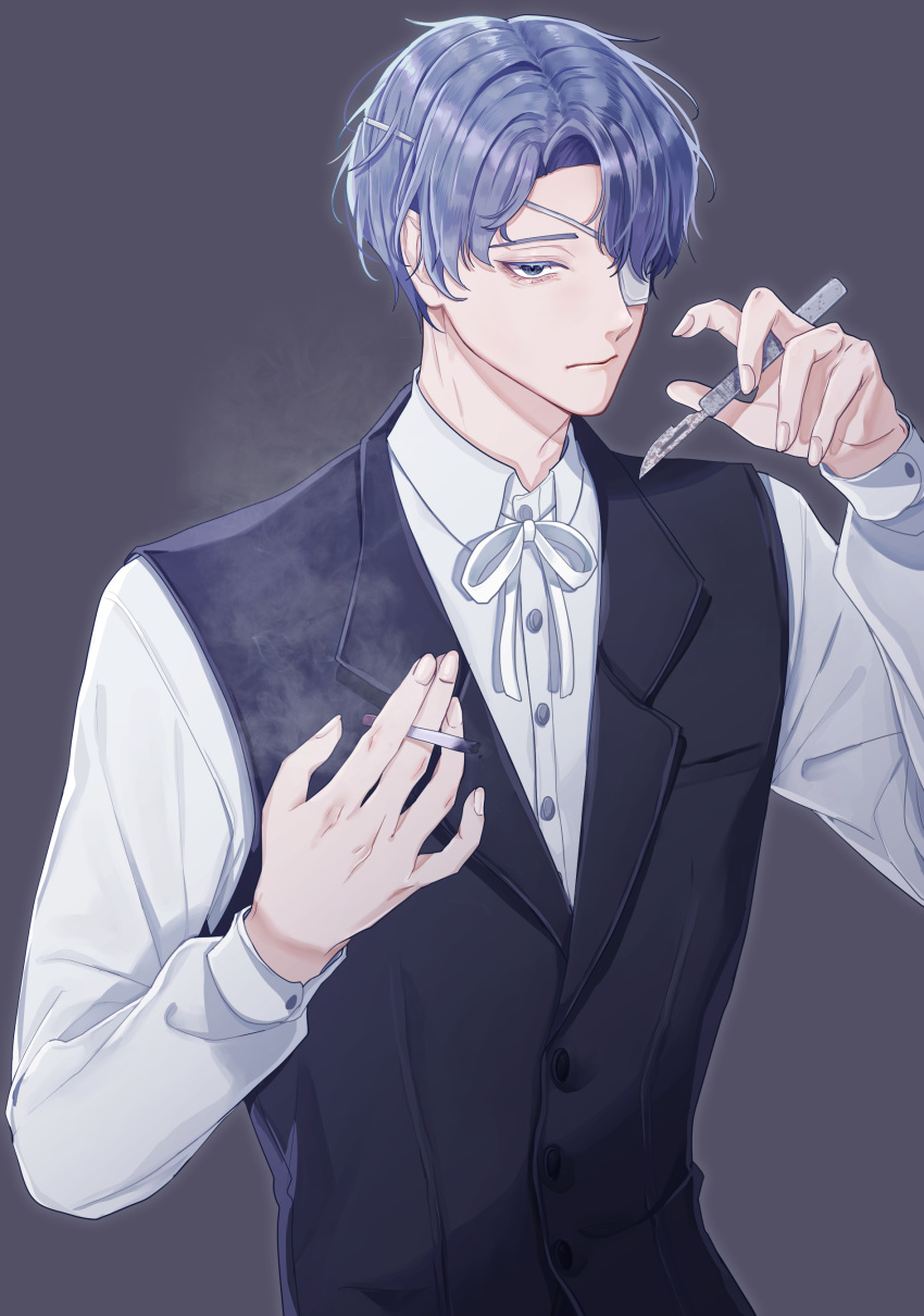 1boy, absurdres, black_vest, blue_eyes, blue_hair, bookbookcat09, cigarette, closed_mouth