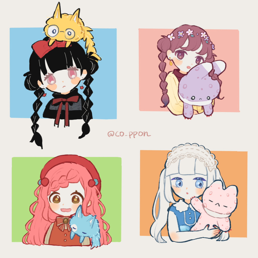 4others, :o, artist_name, beret, black_hair, black_shirt, blue_background, blue_eyes, blue_shirt, blunt_bangs, blush, bow, bowtie, braid, braided_bangs, brown_eyes, brown_hair, closed_eyes, colored_eyelashes, copp_on, creature, creature_on_head, creature_on_shoulder, double_bun, ear_piercing, earrings, flower, fluffy, furdot_(livly_island), glasses, green_background, grey_background, hair_between_eyes, hair_bow, hair_bun, hairband, hamlot_(livly_island), hat, head_wreath, high_collar, highres, holding, holding_creature, jacket, jewelry, livly, livly_island, lolita_hairband, long_bangs, long_hair, looking_at_creature, looking_at_viewer, looking_down, low-braided_long_hair, low-tied_long_hair, monster, multiple_others, nail_polish, no_nose, on_shoulder, orange_background, piercing, pink_background, pink_eyes, pink_flower, pink_hair, pointy_ears, ponytail, purple_flower, purple_fur, red_bow, red_bowtie, red_claws, red_nails, red_pupils, red_shirt, red_star, sailor_collar, shirt, signature, smile, spotted_fur, star_(symbol), star_earrings, twin_braids, twitter_username, two-tone_fur, v_over_mouth, wavy_hair, whiskers, white_fur, white_hair, white_hairband, white_sailor_collar, yellow_fur, yellow_jacket, yellow_pupils