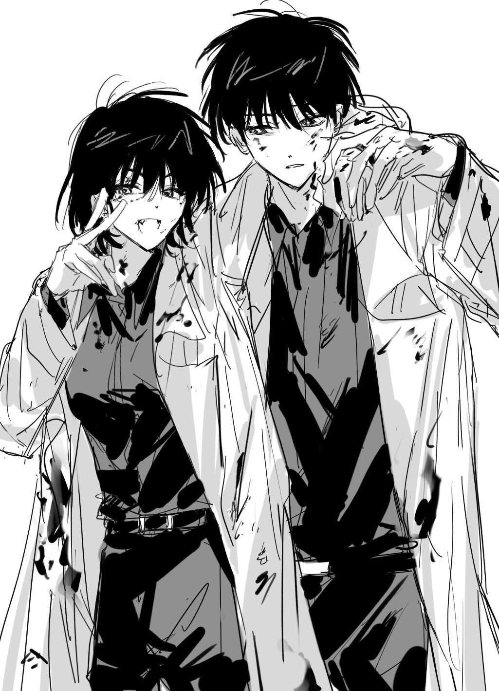 1boy, 1girl, arm_behind_another's_back, arms_up, belt, blood, blood_on_clothes, blood_on_face