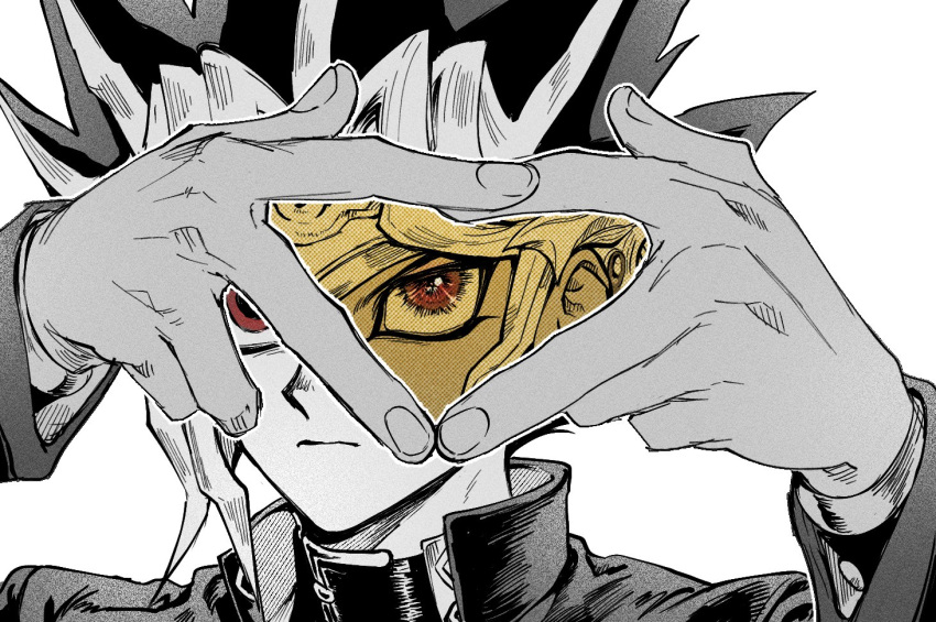 1boy, atem, close-up, dark-skinned_male, dark_skin, male_focus, multicolored_hair, partially_colored, simple_background, solo, spiky_hair, white_background, yami_yugi, ygogy55, yu-gi-oh!, yu-gi-oh!_duel_monsters