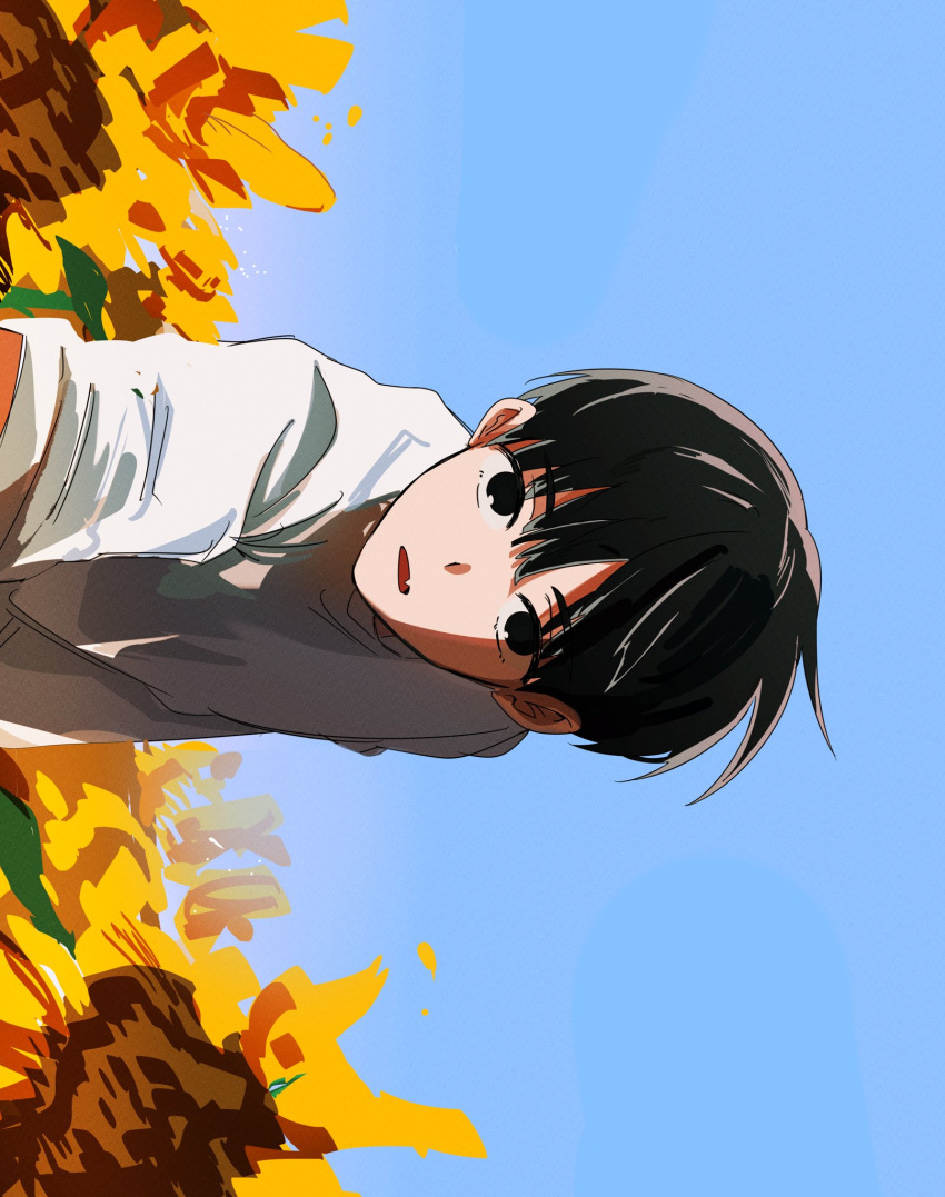 1boy, alien_stage, black_eyes, black_hair, blue_sky, commentary, fang, field, flower, flower_field, gang_1244, hashtag-only_commentary, highres, ivan_(alien_stage), male_focus, open_mouth, pov, shirt, short_hair, sideways, skin_fang, sky, solo, sunflower, sunflower_field, very_short_hair, white_shirt
