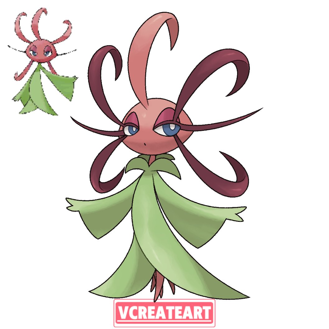 1girl, ahoge, blue_eyes, character_request, commentary, english_commentary, eyelashes, full_body, huge_ahoge, looking_at_viewer, monster_girl, official_style, plant_girl, pokemon, pokemon_(creature), pokemon_rse_(prototype), prototype_design, simple_background, solo, standing, sugimori_ken_(style), vcreateart, white_background